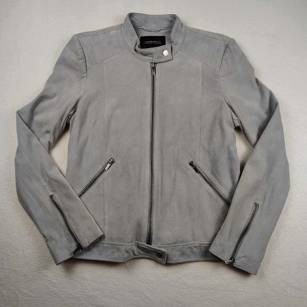 Neiman Marcus The Leather Collection Moto Jacket Womens sz L Gray Biker Pockets